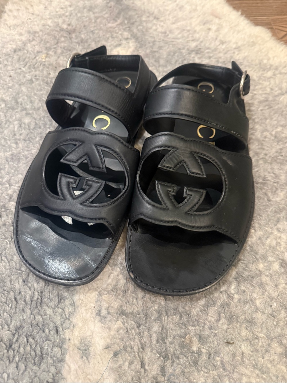 Gucci Black Kids Leather Logo Cutout Sandals